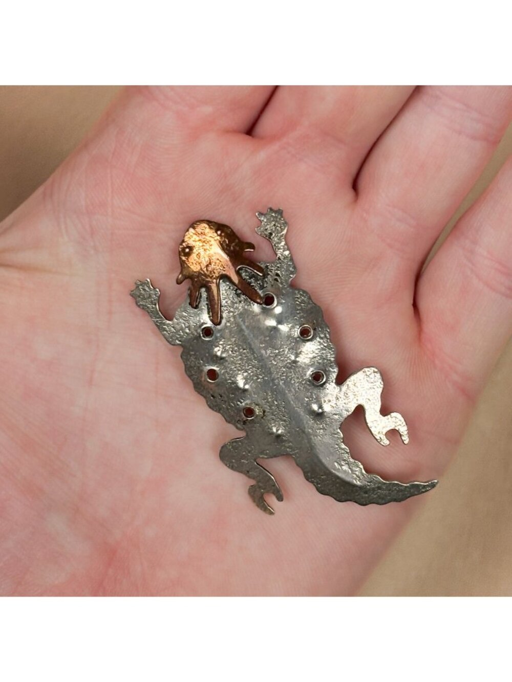 Silver lizard brooch with copper head mixed metal artisan statement Brooch  A6